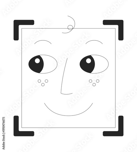 Cute face ID recognition frame 2D line object. Cyber authentication. Biometric facial user identity within square scan area isolated clipart vector ink outline item. Monochrome spot illustration