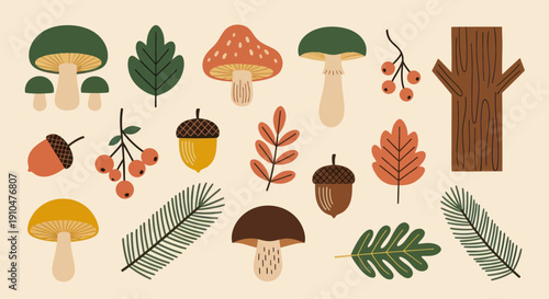 Autumn forest elements collection with mushrooms, leaves, acorns, and berries.