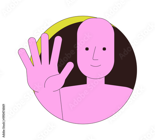 Friendly hello avatar 2D cartoon icon. Smiling character waving hi inside circular frame. User social media profile. Greeting UI isolated element flat vector clip art on white. Spot illustration