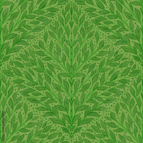 Seamless watercolor pattern with green leaves, symmetrical ornament
