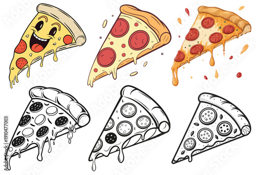 Collection of six pizza slices cartoon character, colored pepperoni, realistic style, and black and white outlines with dripping cheese