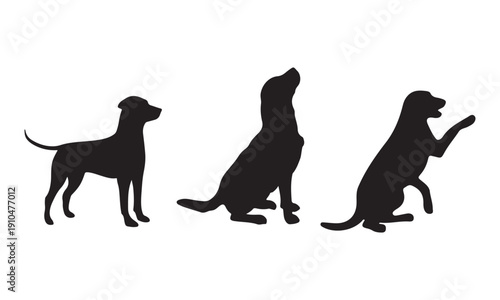 Set of black dog silhouettes standing sitting