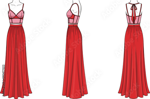 Fashion illustration of elegant long dress with fitted bodice, thin straps, deep neckline, tie-back detail and flowing pleated skirt