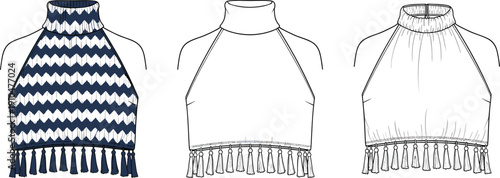 Fashion illustration of halter tops with high neckline, tassel hem embellishments, zigzag patterned fabric, gathered silhouette, and technical sketches
