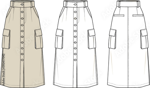 Fashion illustration of high-waisted skirt with waistband, belt loops, front button placket, flap pockets, welt pockets, and technical sketches