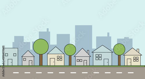 Charming Row of Houses with Trees and Cityscape Background.