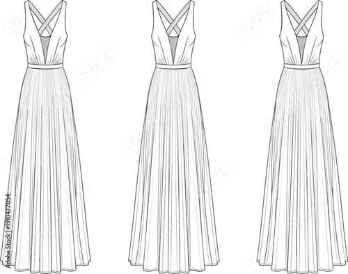 Fashion illustration of long sleeveless evening gown with deep V-neckline, crisscross straps, fitted bodice, pleated skirt, and elegant silhouette
