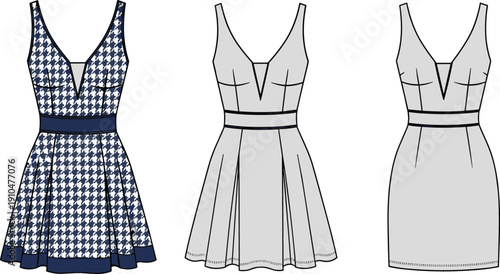 Fashion illustration of sleeveless dress with deep V-neckline, fitted waistband, pleated skirt variation, straight skirt option, and patterned fabric design