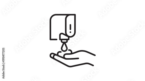 Hand sanitizing with dispenser in simple line art style with black outline on white background for hygiene campaign