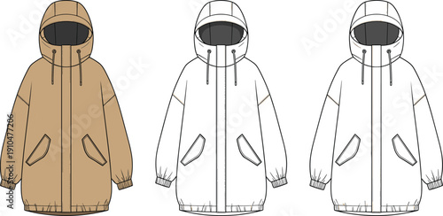 Fashion technical flat sketch of denim overall dress with adjustable straps, pockets, seams, button details and garment construction illustration