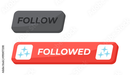 Follow isometric social media UI button set. Enabled user follower action on platform. Account followed. Digital response. Clean modern vector design. Isolated interactive CTA elements collection