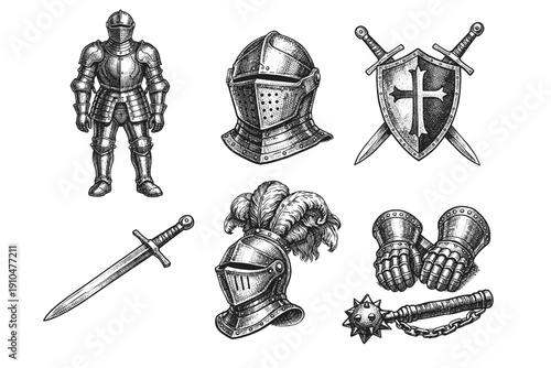 Medieval knight engraving set, vintage heraldry and chivalry sketches in woodcut style