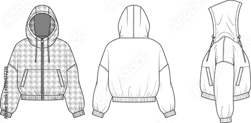 Fashion technical flat sketch of hooded jacket with houndstooth pattern, zipper front, drawstring hood, pockets and garment construction illustration