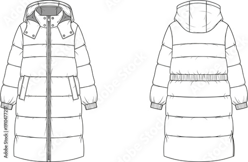 Fashion technical flat sketch of long padded winter coat with hood, quilting, zipper closure, flap pockets, ribbed cuffs and waistband