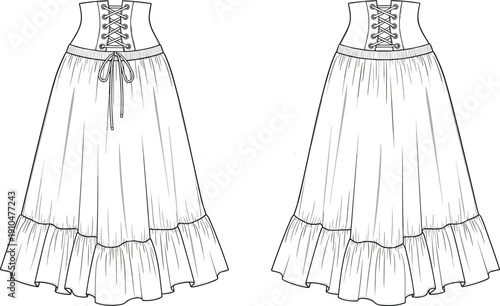 Fashion technical flat sketch of long skirt with corset-style waistband, lace-up front, pleated design and ruffled hem construction