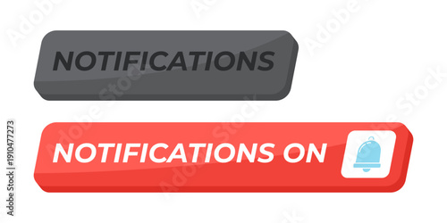 Notifications on isometric social media UI button set. Enabled alert for new content updates. Active bell. Stream reminder. Clean modern vector design. Isolated interactive CTA elements collection