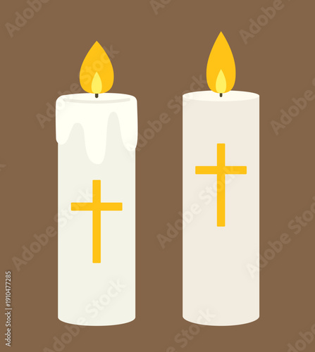 Easter cross candle icon flat vector illustration set.
Lit white candle with cross religious icon.
Christian cross candle flat stock vector.