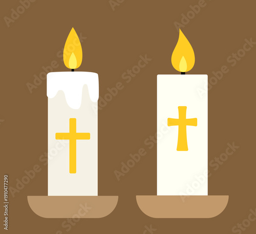 Easter cross candle icon flat vector illustration set.
Lit white candle with cross religious icon.
Christian cross candle flat stock vector.