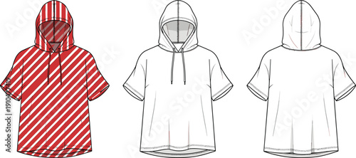 Fashion technical flat sketch of short-sleeved hooded shirt with drawstrings, diagonal stripe design, seam details and garment construction