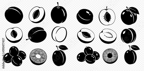 Set of various plum fruit silhouettes, whole and sliced, with leaves, isolated on transparent background.