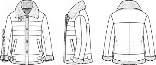 Fashion technical flat sketch of shearling-lined jacket with collar, button closure, pockets, trim details and buckle strap accents