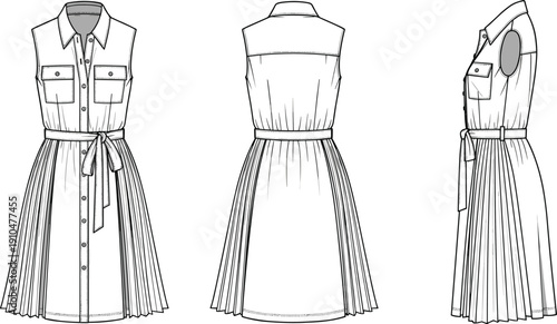 Fashion technical flat sketch of sleeveless shirt dress with collar, button-down front, flap pockets, waist belt and pleated skirt
