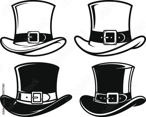 Set of four top hats with buckles, two outlined and two solid black
