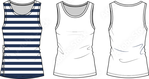 Fashion technical flat sketch of sleeveless tank top with striped design, seam details, wrinkle shading and garment construction illustration