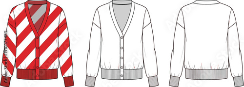 Fashion technical flat sketch of striped cardigan sweater with V-neckline, button-down front, ribbed cuffs, hem and diagonal stripe design