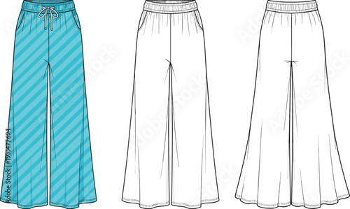 Fashion technical flat sketch of wide-leg pants with drawstring waistband, side pockets, striped design and flared silhouette