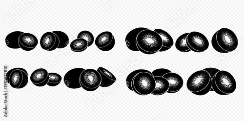 Set of hand-drawn kiwi fruit illustrations, whole and cut, in black and white engraving style.