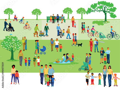 Große Menschengruppen in der Freizeit mit Eltern und Kindern  Illustration