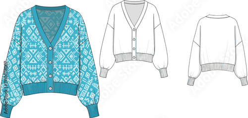 Fashion technical flat sketch of women’s cardigan sweater with V-neckline, button-down front, ribbed cuffs, hem and geometric pattern design