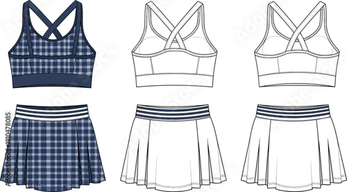 Fashion technical flat sketch of sports bra with crisscross straps and pleated skirt, checkered pattern activewear apparel design illustration
