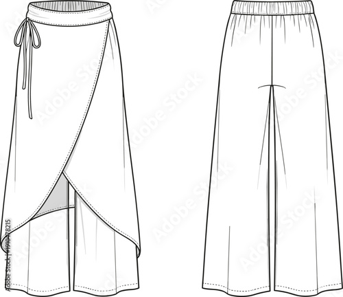 Technical fashion illustration of wide-leg pants with elastic waistband, drawstring tie, wrap skirt overlay, and layered front and back views