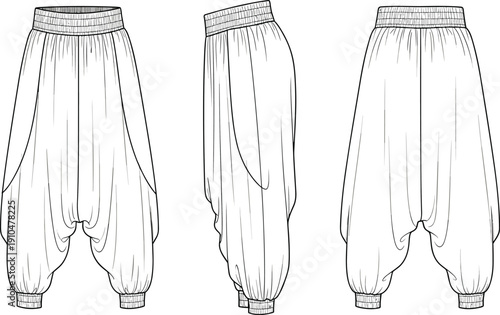 Technical fashion illustration of harem pants with front, side, and back views showing dropped crotch, elastic waistband, cuffs, and tapered legs