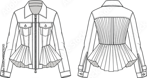 Technical fashion illustration of women’s jacket with collared neckline, front zipper, flap chest pockets, pleated peplum waist, and tailored back pleats