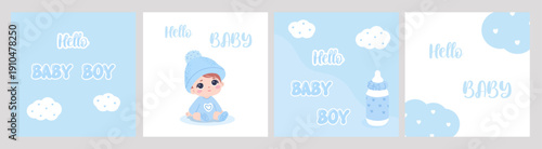 Blue vector greeting cards with clouds and hearts in a style isolated on a white background. about the birth of a child or a gift set.