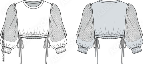 Technical flat sketch of cropped top with puff sleeves, round neckline, gathered cuffs, cinched waist and drawstring tie details