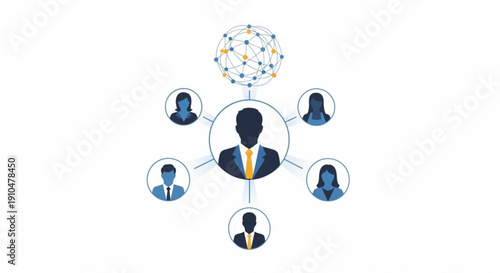 Central figure connected to team members and global network symbolizing leadership and collaboration in professional settings with modern blue and yellow graphics