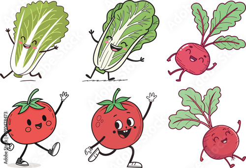 Set of six cute cartoon vegetables with arms and legs napa cabbage, romaine lettuce, tomato, and radish, all happily running or waving