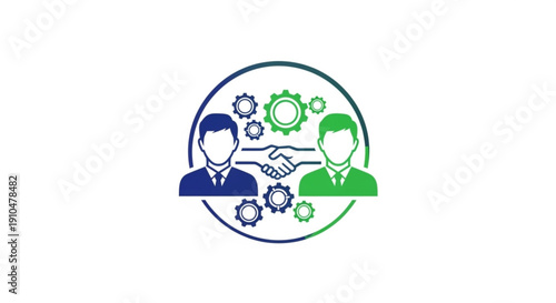 Professional partnership and collaboration illustrated with simple graphics and gears in circular frame