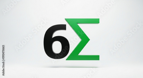 Stylized black and green 3d number six sigma symbol on white background with subtle shadow