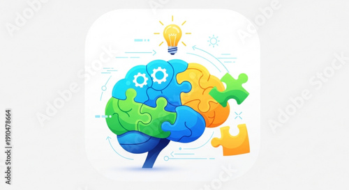Brain with puzzle pieces and lightbulb symbolizing ideas innovation and problem solving in business and education