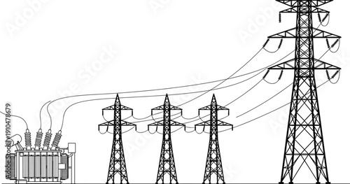 Technical schematic illustration of electrical power transmission system with transformer, high-voltage lines, insulators, and transmission towers infrastructure