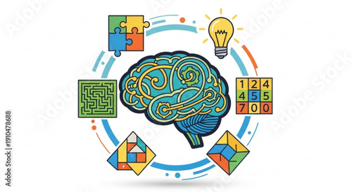 Brainstorming and problem solving concept with colorful brain illustration surrounded by puzzle pieces lightbulb and geometric shapes