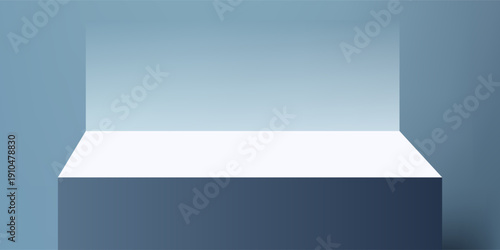 clean modern podium display featuring a dark blue cube with soft light on a light blue background, ideal for product mockup, branding presentation, retail showcase, and creative design scene