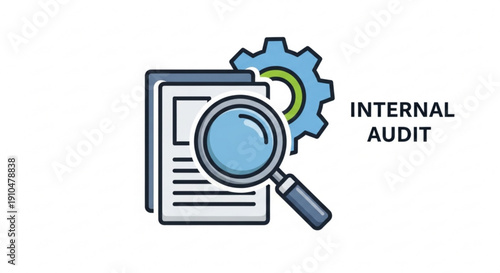 Internal audit document with magnifying glass and gear icon symbolizing thorough examination and analysis on a white background