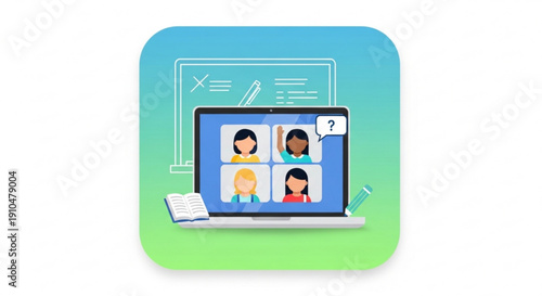 Laptop displaying video conference with four diverse participants on screen symbolizing online collaboration and remote communication in a modern digital workspace setting