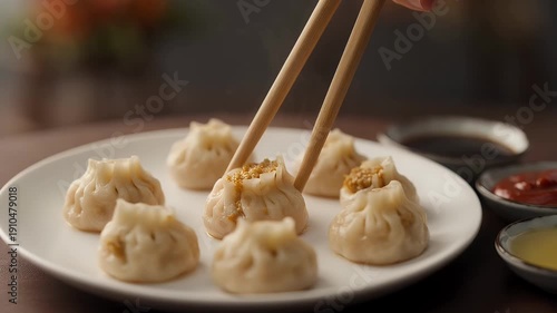 Wallpaper Mural Steaming Dumplings on White Plate with Chopsticks and Condiments Torontodigital.ca